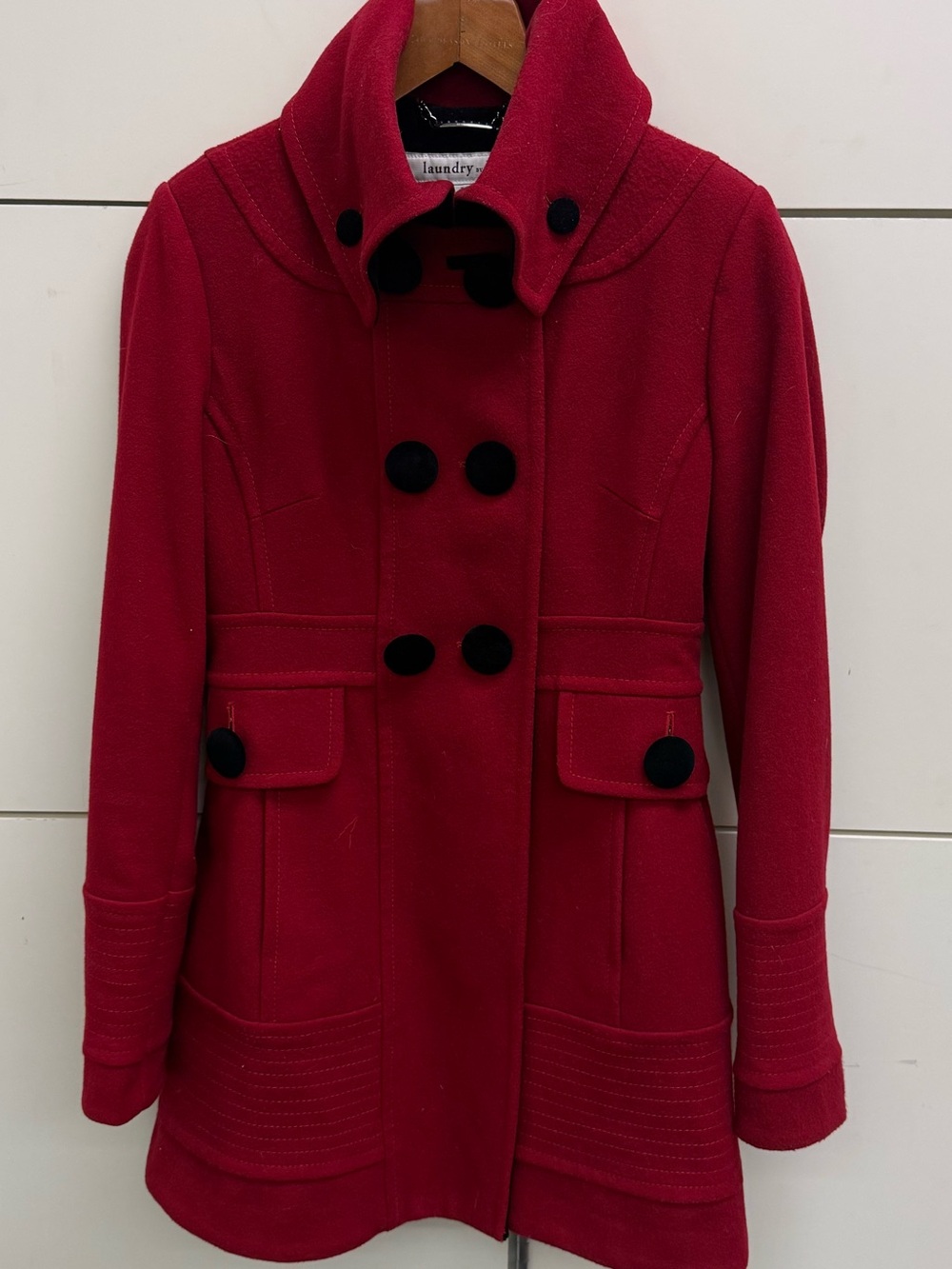 Laundry by Design Red Double-Breasted Pea Coat with Black Velvet Buttons - Picture 6 of 12